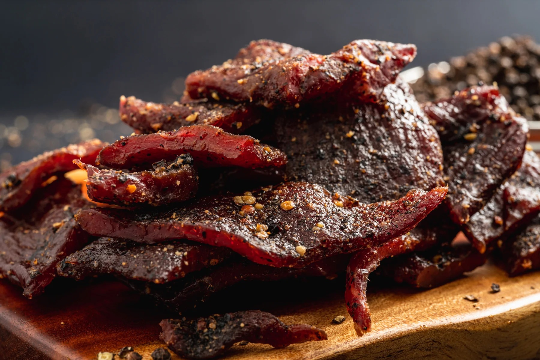 Close-up of grass-fed beef jerky texture