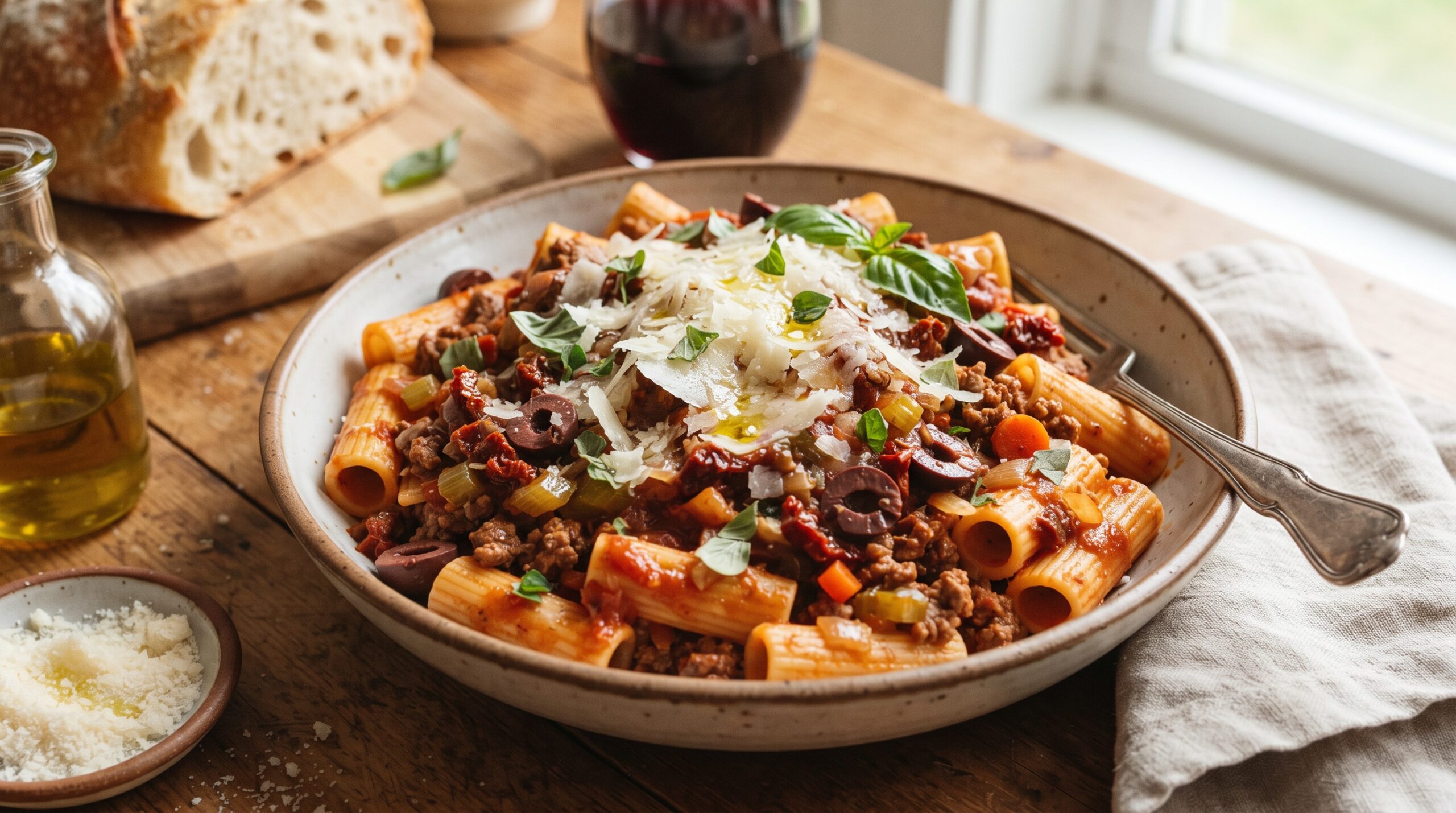 Farmhouse pasta sauce made with Rural Valley Farms grass-fed ground beef and fresh vegetables