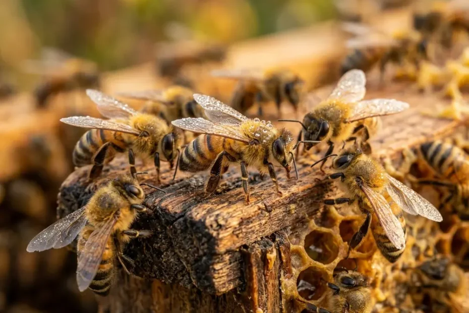 Beekeeper with a spray bottle at a wooden hive, showing what beekeepers spray on bees, in a Pennsylvania pasture
